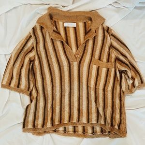 Oak + Fort Cropped Brown Striped Knit Polo
